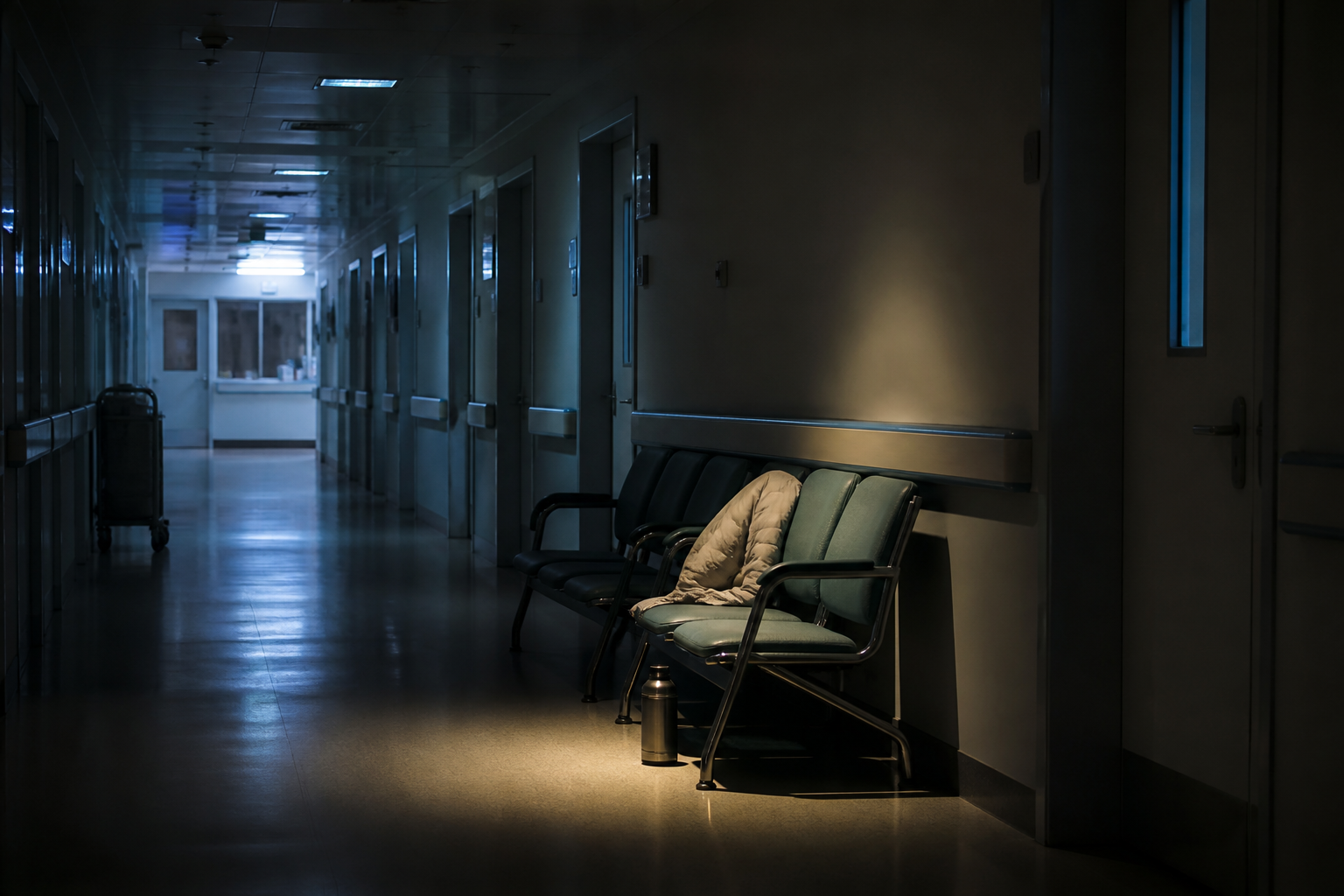 深夜医院走廊中的空椅、外套与保温杯，象征疾病背后的漫长等待